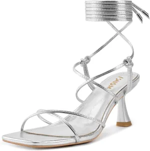 ISNOM Strappy Sandals for Women Kitten Heels Lace Up Heels Stiletto Heels Wrap Around Heels with Square Toe