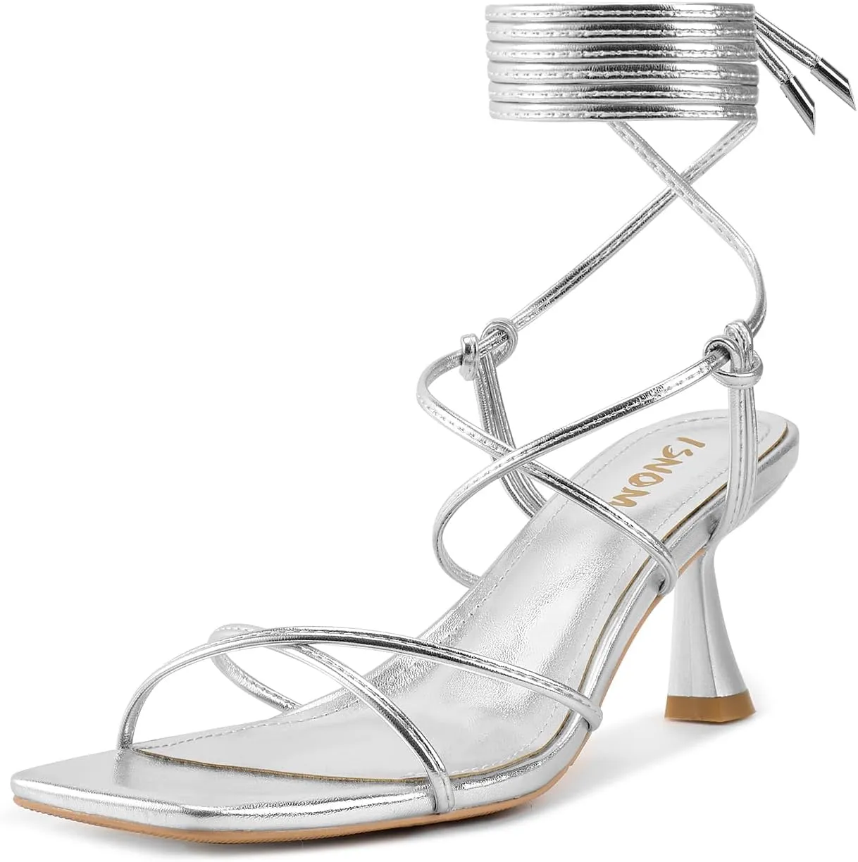 ISNOM Strappy Sandals for Women Kitten Heels Lace Up Heels Stiletto Heels Wrap Around Heels with Square Toe