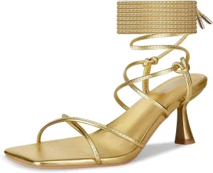 ISNOM Strappy Sandals for Women Kitten Heels Lace Up Heels Stiletto Heels Wrap Around Heels with Square Toe