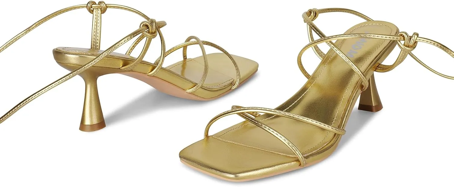 ISNOM Strappy Sandals for Women Kitten Heels Lace Up Heels Stiletto Heels Wrap Around Heels with Square Toe
