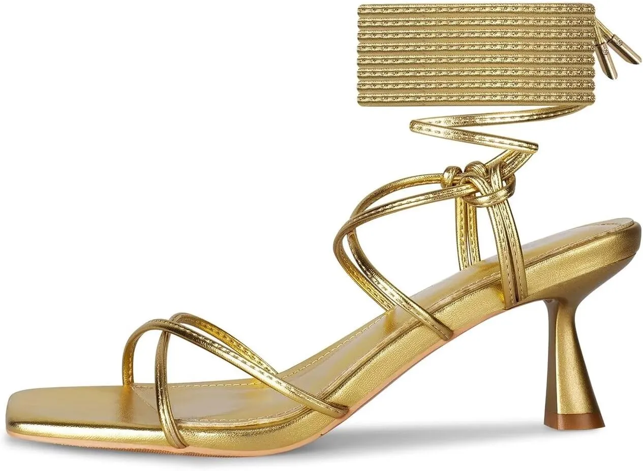 ISNOM Strappy Sandals for Women Kitten Heels Lace Up Heels Stiletto Heels Wrap Around Heels with Square Toe