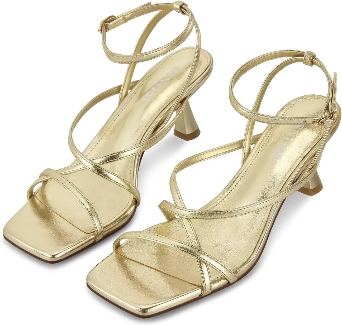 ISNOM Strappy Sandals for Women Kitten Heels Lace Up Heels Stiletto Heels Wrap Around Heels with Square Toe