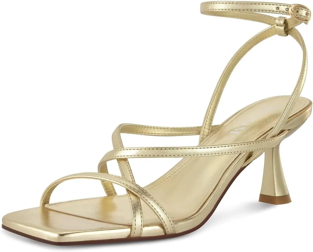 ISNOM Strappy Sandals for Women Kitten Heels Lace Up Heels Stiletto Heels Wrap Around Heels with Square Toe
