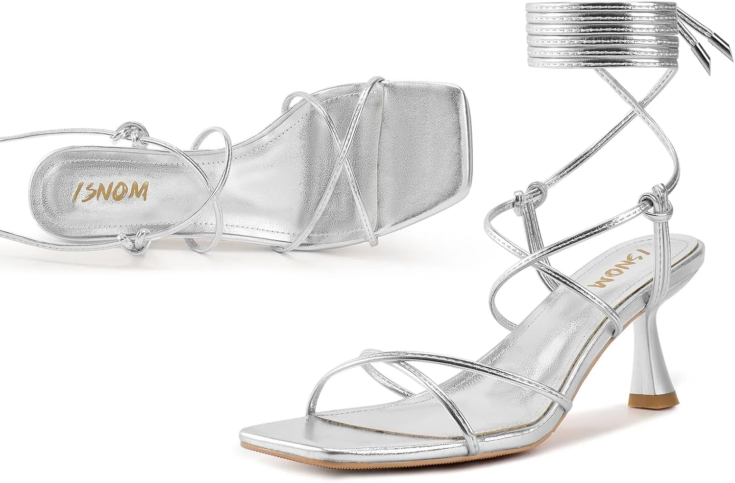 ISNOM Strappy Sandals for Women Kitten Heels Lace Up Heels Stiletto Heels Wrap Around Heels with Square Toe