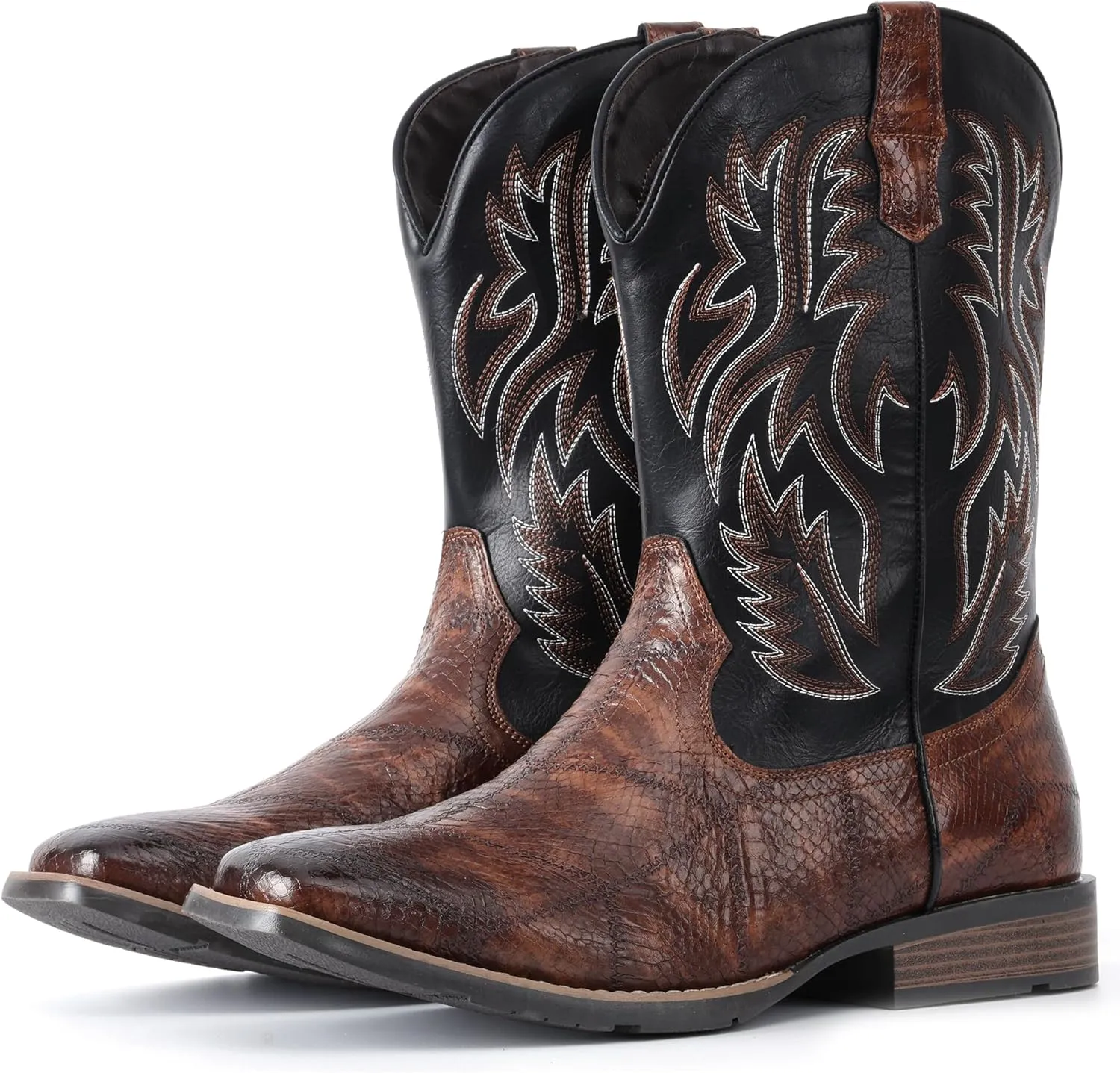 IUV Cowboy Boots For Men Square Toe Western Retro Boot Durable Classic Fashionable Embroidered Pull On Slip Resistant Boots