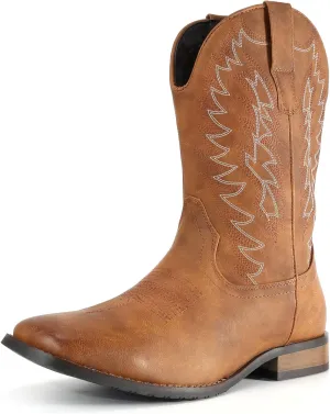 IUV Cowboy Boots For Men Wide Foot Square Toe Western Boots with Classic Embroidered Durable Slip on Boots
