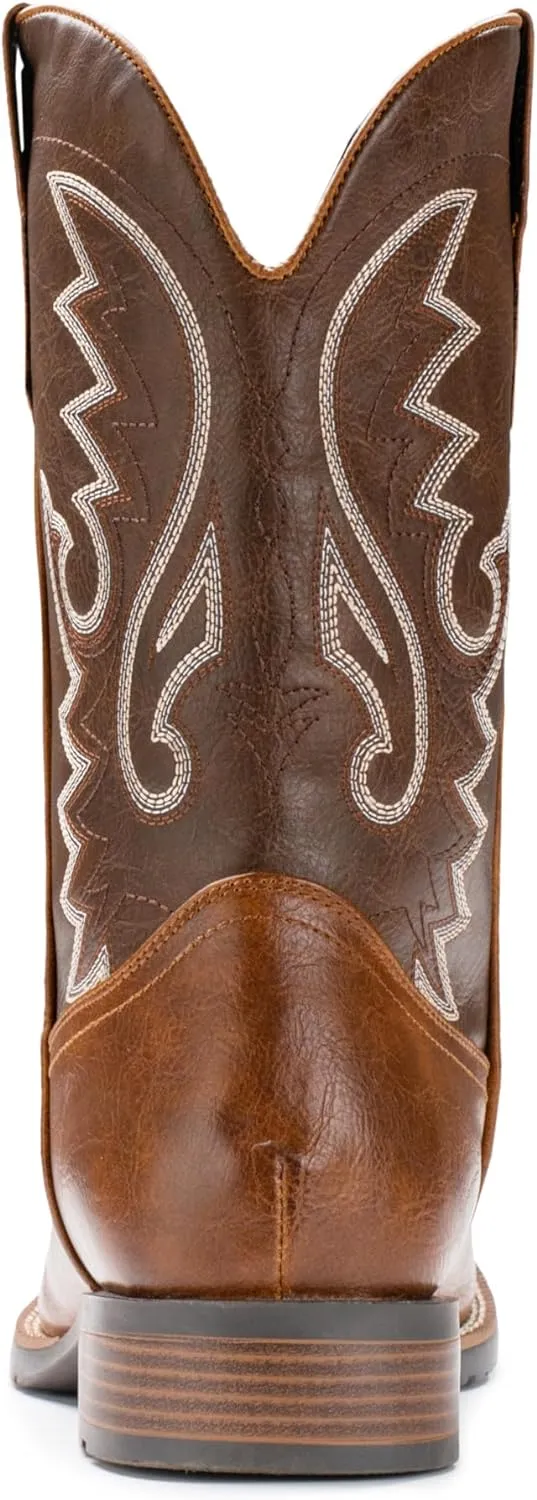 IUV Cowboy Boots For Men with Wide Square Toe Western Retro Boot Durable Classic Fashionable Embroidered Pull On Slip Resistant Boots