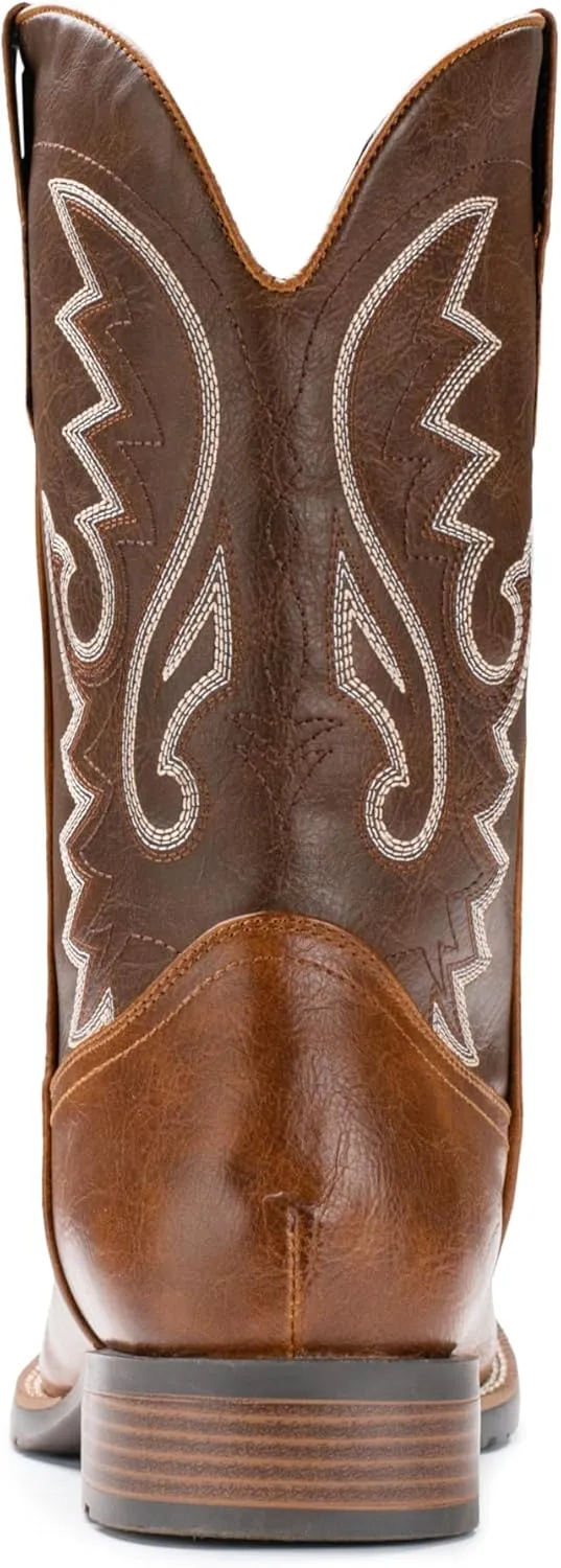 IUV Cowboy Boots For Men with Wide Square Toe Western Retro Boot Durable Classic Fashionable Embroidered Pull On Slip Resistant Boots
