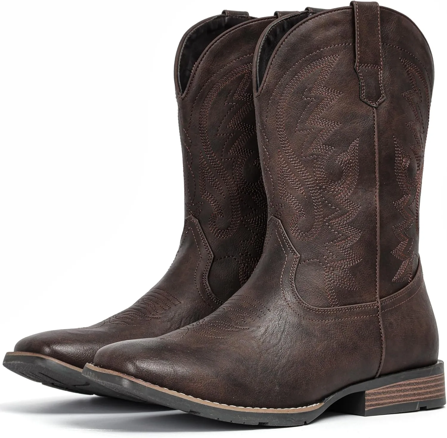 IUV Cowboy Boots For Men with Wide Square Toe Western Retro Boot Durable Classic Fashionable Embroidered Pull On Slip Resistant Boots