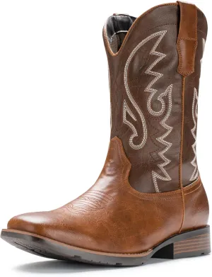IUV Cowboy Boots For Men with Wide Square Toe Western Retro Boot Durable Classic Fashionable Embroidered Pull On Slip Resistant Boots