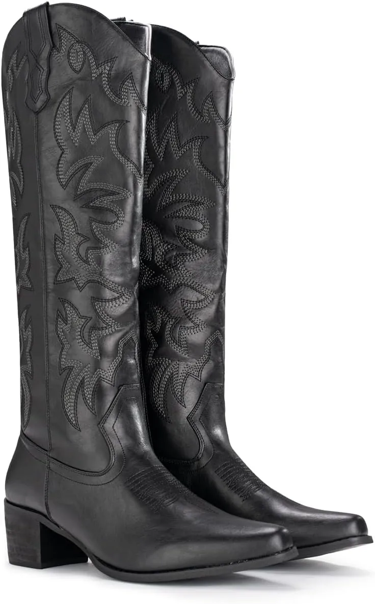 IUV Cowboy Boots For Women Knee High Western Cowgirl Boots Snip Toe Side Zipper Chunky Heel