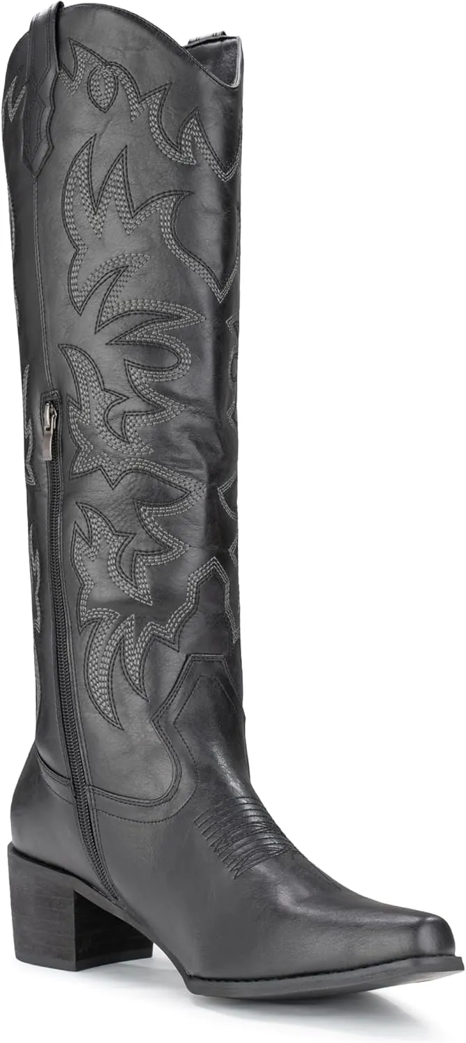IUV Cowboy Boots For Women Knee High Western Cowgirl Boots Snip Toe Side Zipper Chunky Heel