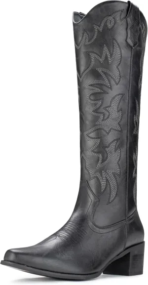 IUV Cowboy Boots For Women Knee High Western Cowgirl Boots Snip Toe Side Zipper Chunky Heel