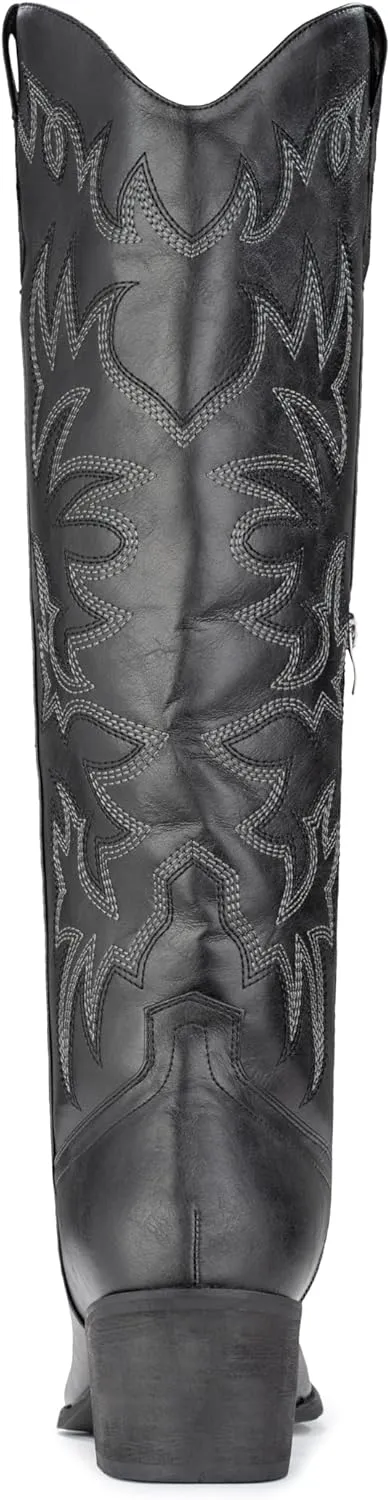 IUV Cowboy Boots For Women Knee High Western Cowgirl Boots Snip Toe Side Zipper Chunky Heel