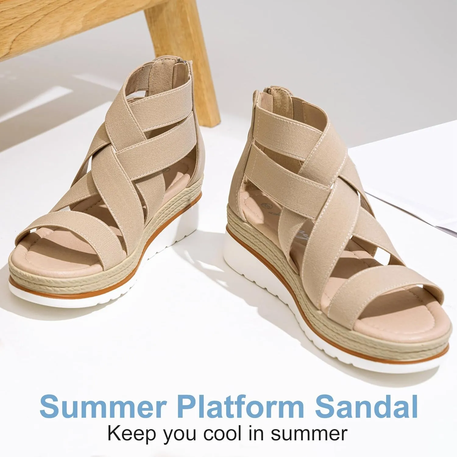 Jeossy Women's Platform Wedge Sandals White Pu Strappy Summer 866 Sandals Dressy with Zipper