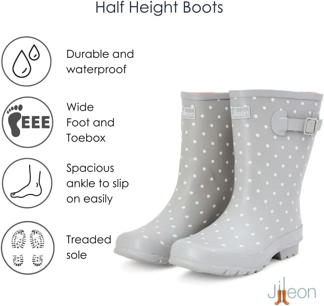 Jileon Mid Calf Rain Boots - Specially Designed For Wide Feet, Ankles or Calves - Half Height Waterproof Durable Wide Calf Rain Boots