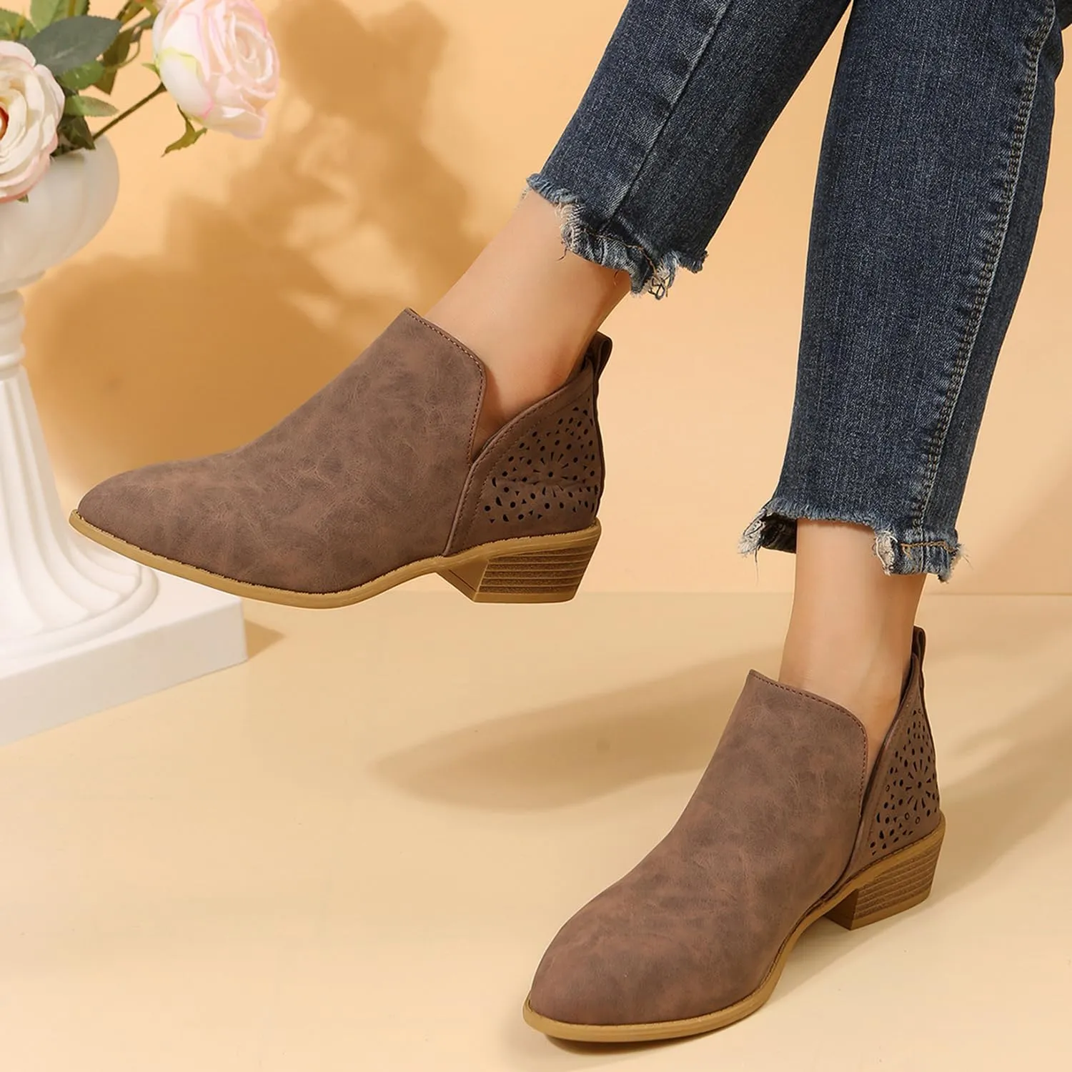 JITUUE Ankle Boots for women Casual Cut Out Slip On Low Heel Short Chunky Stacked Heel Perforated Side V Cut Western Booties Cutout Shoes