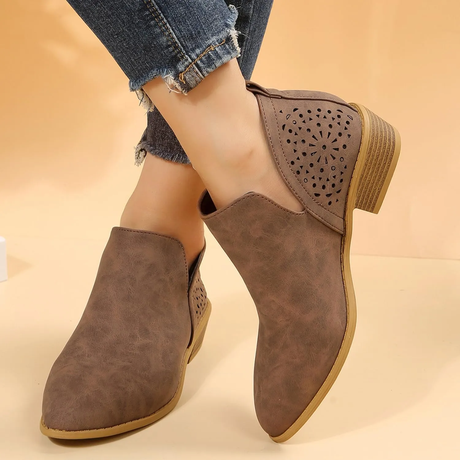 JITUUE Ankle Boots for women Casual Cut Out Slip On Low Heel Short Chunky Stacked Heel Perforated Side V Cut Western Booties Cutout Shoes