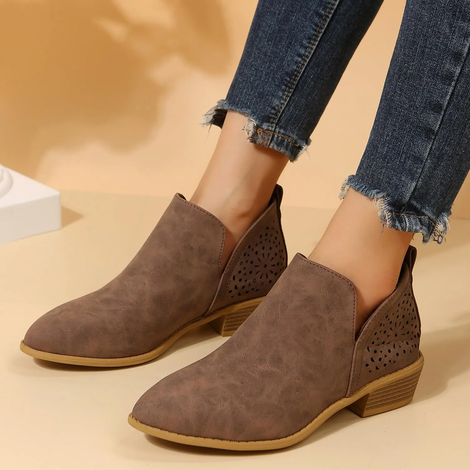 JITUUE Ankle Boots for women Casual Cut Out Slip On Low Heel Short Chunky Stacked Heel Perforated Side V Cut Western Booties Cutout Shoes