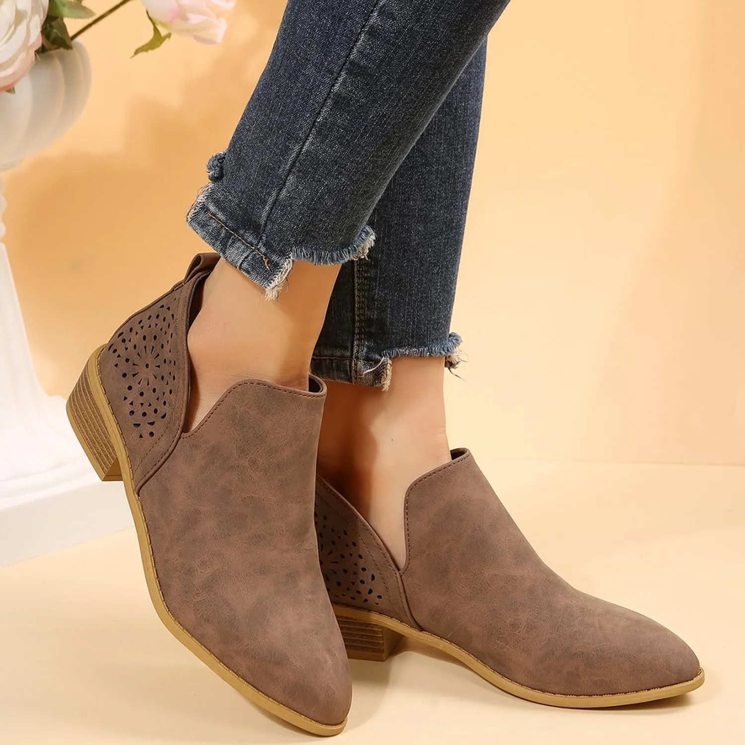 JITUUE Ankle Boots for women Casual Cut Out Slip On Low Heel Short Chunky Stacked Heel Perforated Side V Cut Western Booties Cutout Shoes