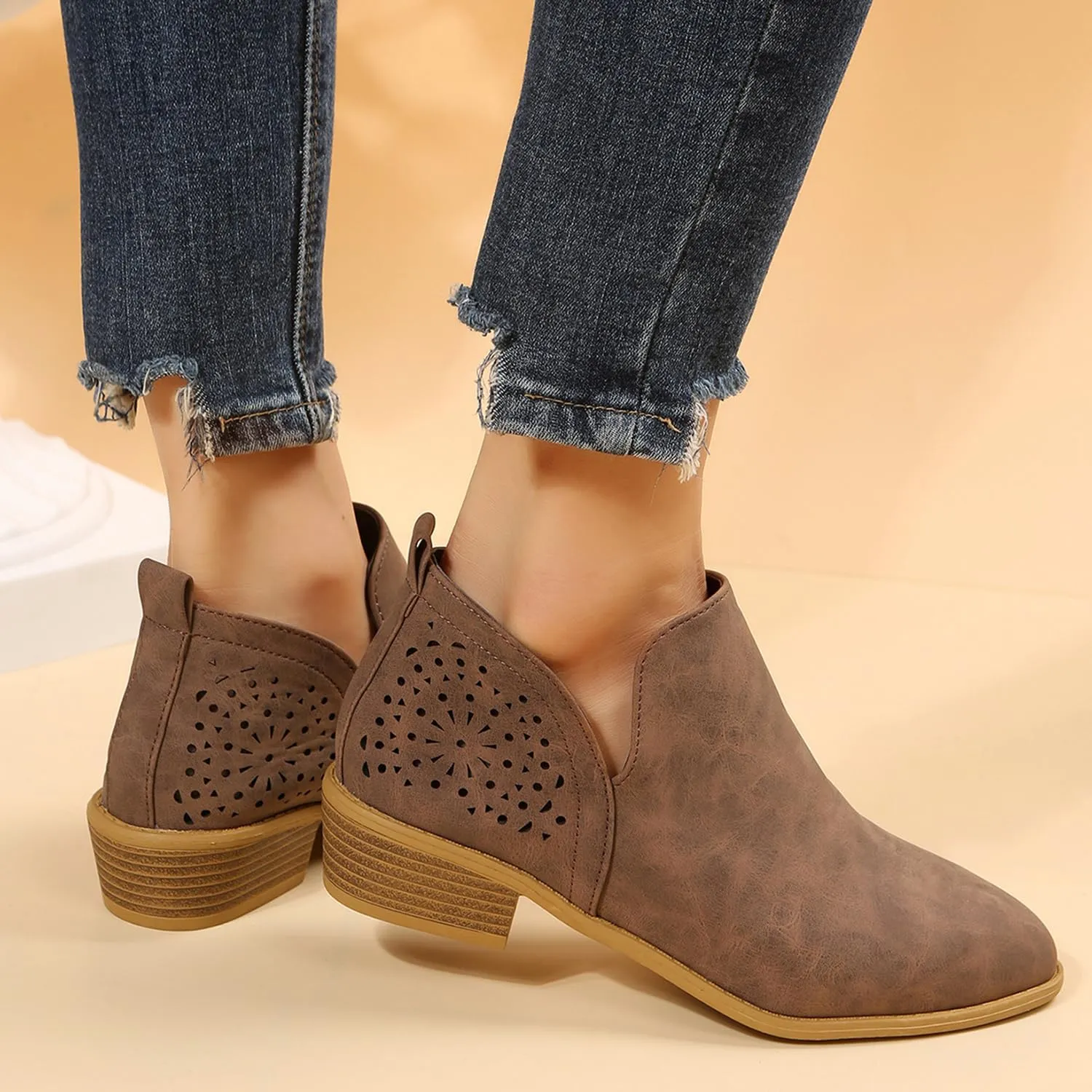 JITUUE Ankle Boots for women Casual Cut Out Slip On Low Heel Short Chunky Stacked Heel Perforated Side V Cut Western Booties Cutout Shoes