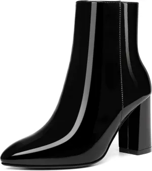 Jiu du Ankle Boots for Women Chunky Heel GoGo Boots Pointed Toe Side Zipper Dressy Go Go Short Booties
