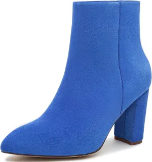 Jiu du Ankle Boots for Women Chunky Heel GoGo Boots Pointed Toe Side Zipper Dressy Go Go Short Booties