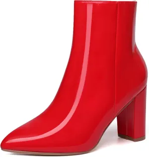 Jiu du Ankle Boots for Women Chunky Heel GoGo Boots Pointed Toe Side Zipper Dressy Go Go Short Booties