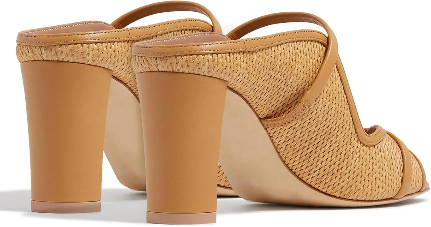 JORISTIMO Women's Raffia Sandals Open Round Toe Woven Leather Mules Cross-Strap Chunky Heel Sandal