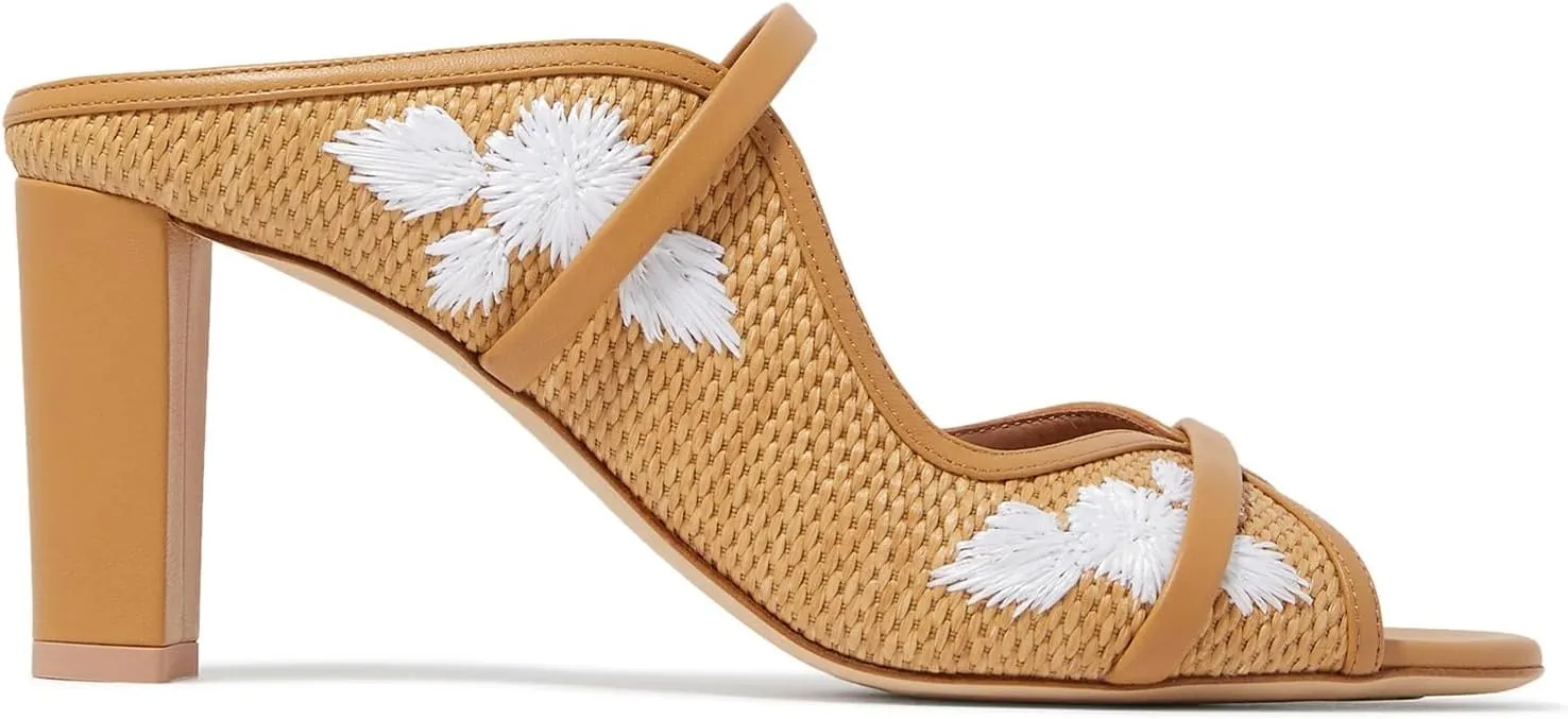JORISTIMO Women's Raffia Sandals Open Round Toe Woven Leather Mules Cross-Strap Chunky Heel Sandal