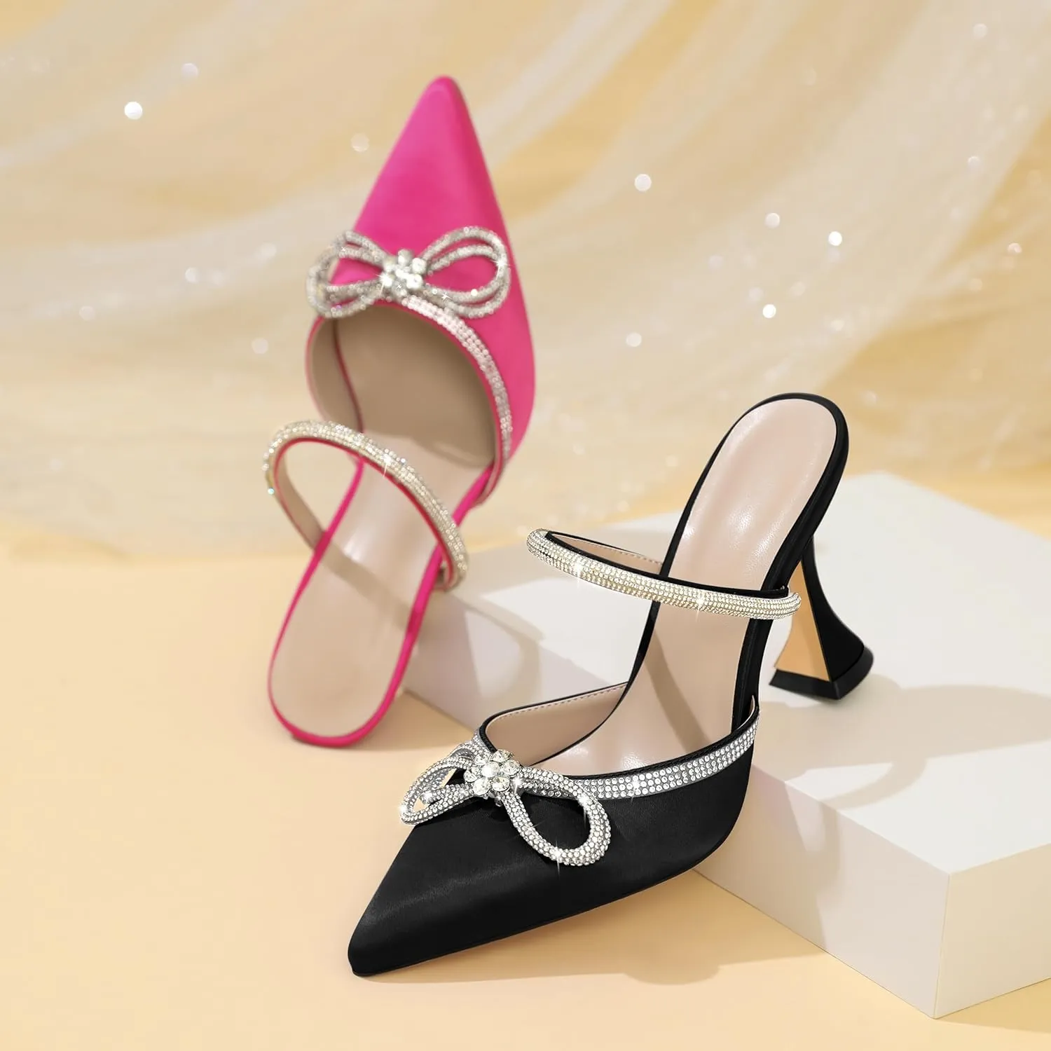 Joseywade Rhinstone Bow Mule Heels High Heels Closed Pointed Toe Spool Heel Slip-on Sandals 3.5" Wedding Crystal Ankle Strap Backless Shoes For Bridal Bridesmaid Engagement