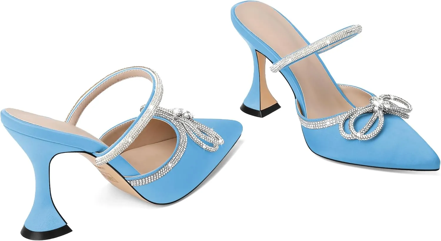Joseywade Rhinstone Bow Mule Heels High Heels Closed Pointed Toe Spool Heel Slip-on Sandals 3.5" Wedding Crystal Ankle Strap Backless Shoes For Bridal Bridesmaid Engagement