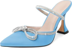 Joseywade Rhinstone Bow Mule Heels High Heels Closed Pointed Toe Spool Heel Slip-on Sandals 3.5" Wedding Crystal Ankle Strap Backless Shoes For Bridal Bridesmaid Engagement