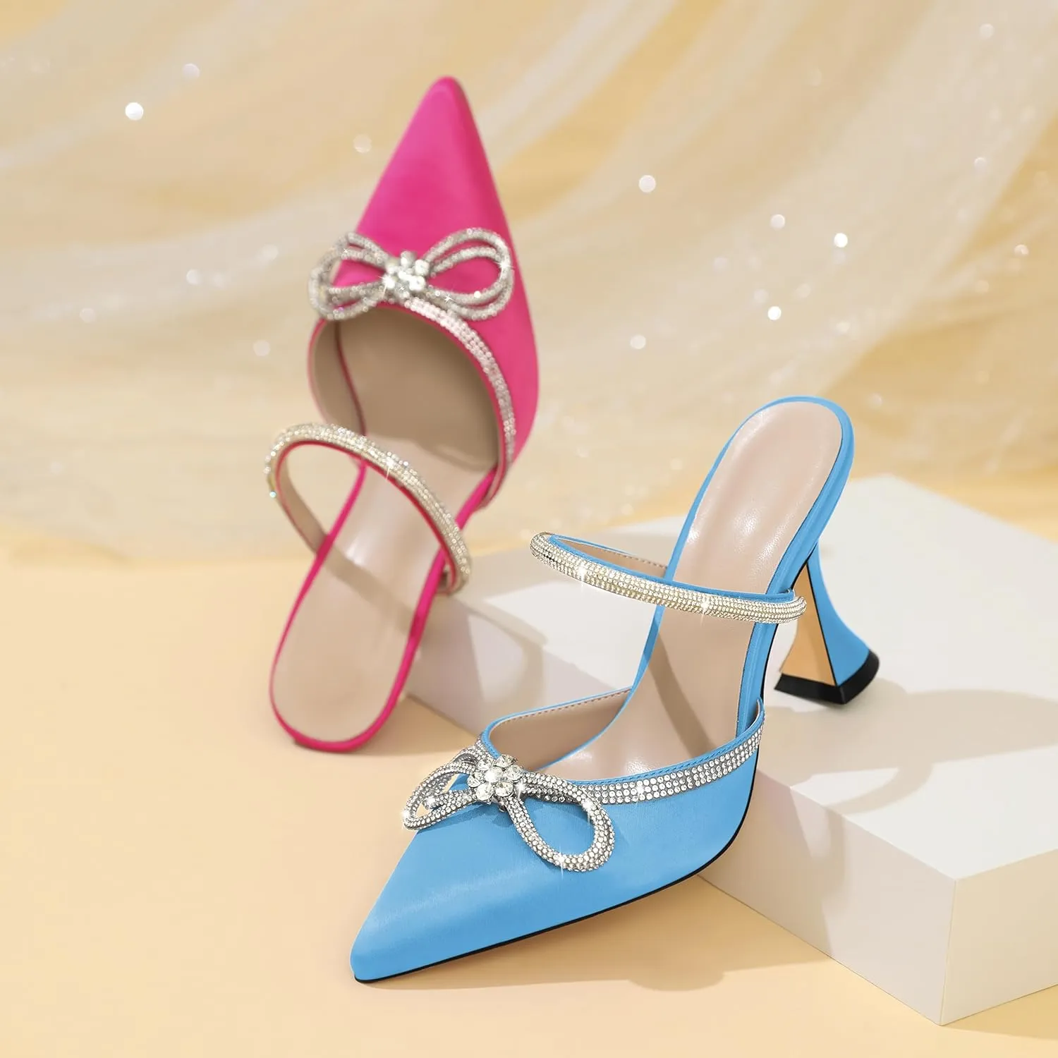 Joseywade Rhinstone Bow Mule Heels High Heels Closed Pointed Toe Spool Heel Slip-on Sandals 3.5" Wedding Crystal Ankle Strap Backless Shoes For Bridal Bridesmaid Engagement