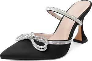 Joseywade Rhinstone Bow Mule Heels High Heels Closed Pointed Toe Spool Heel Slip-on Sandals 3.5" Wedding Crystal Ankle Strap Backless Shoes For Bridal Bridesmaid Engagement
