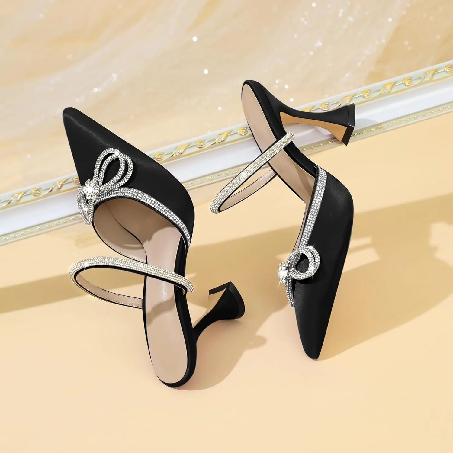 Joseywade Rhinstone Bow Mule Heels High Heels Closed Pointed Toe Spool Heel Slip-on Sandals 3.5" Wedding Crystal Ankle Strap Backless Shoes For Bridal Bridesmaid Engagement
