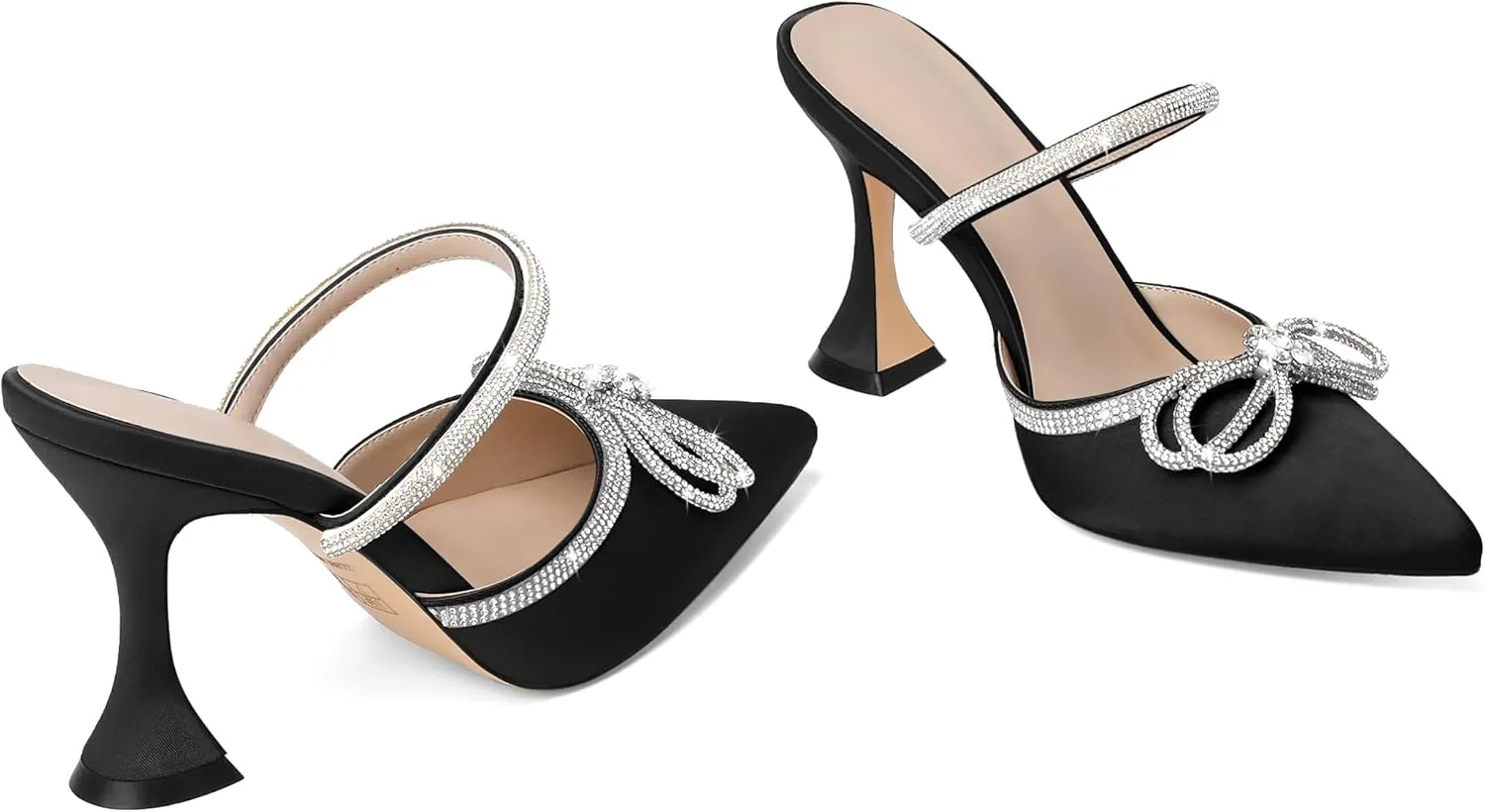 Joseywade Rhinstone Bow Mule Heels High Heels Closed Pointed Toe Spool Heel Slip-on Sandals 3.5" Wedding Crystal Ankle Strap Backless Shoes For Bridal Bridesmaid Engagement