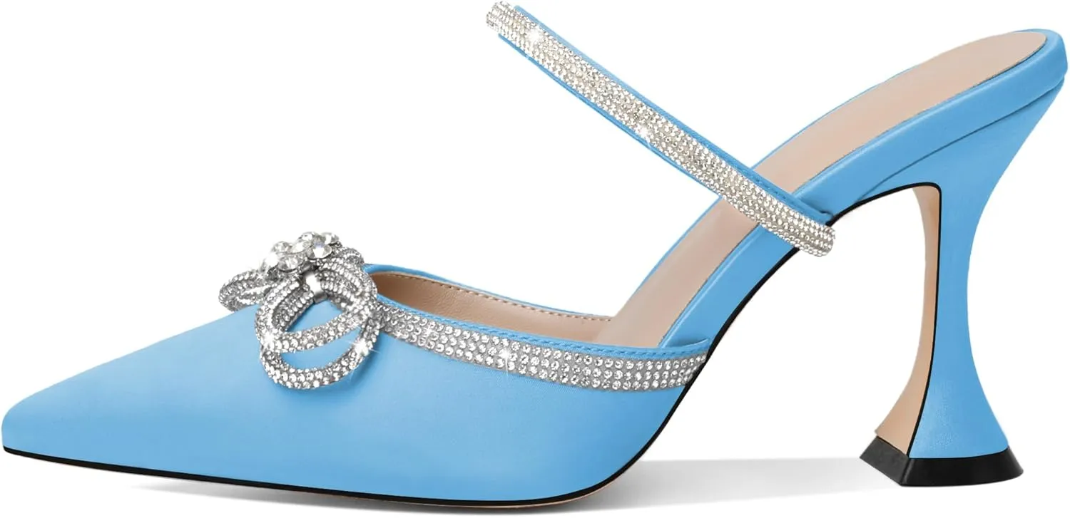 Joseywade Rhinstone Bow Mule Heels High Heels Closed Pointed Toe Spool Heel Slip-on Sandals 3.5" Wedding Crystal Ankle Strap Backless Shoes For Bridal Bridesmaid Engagement