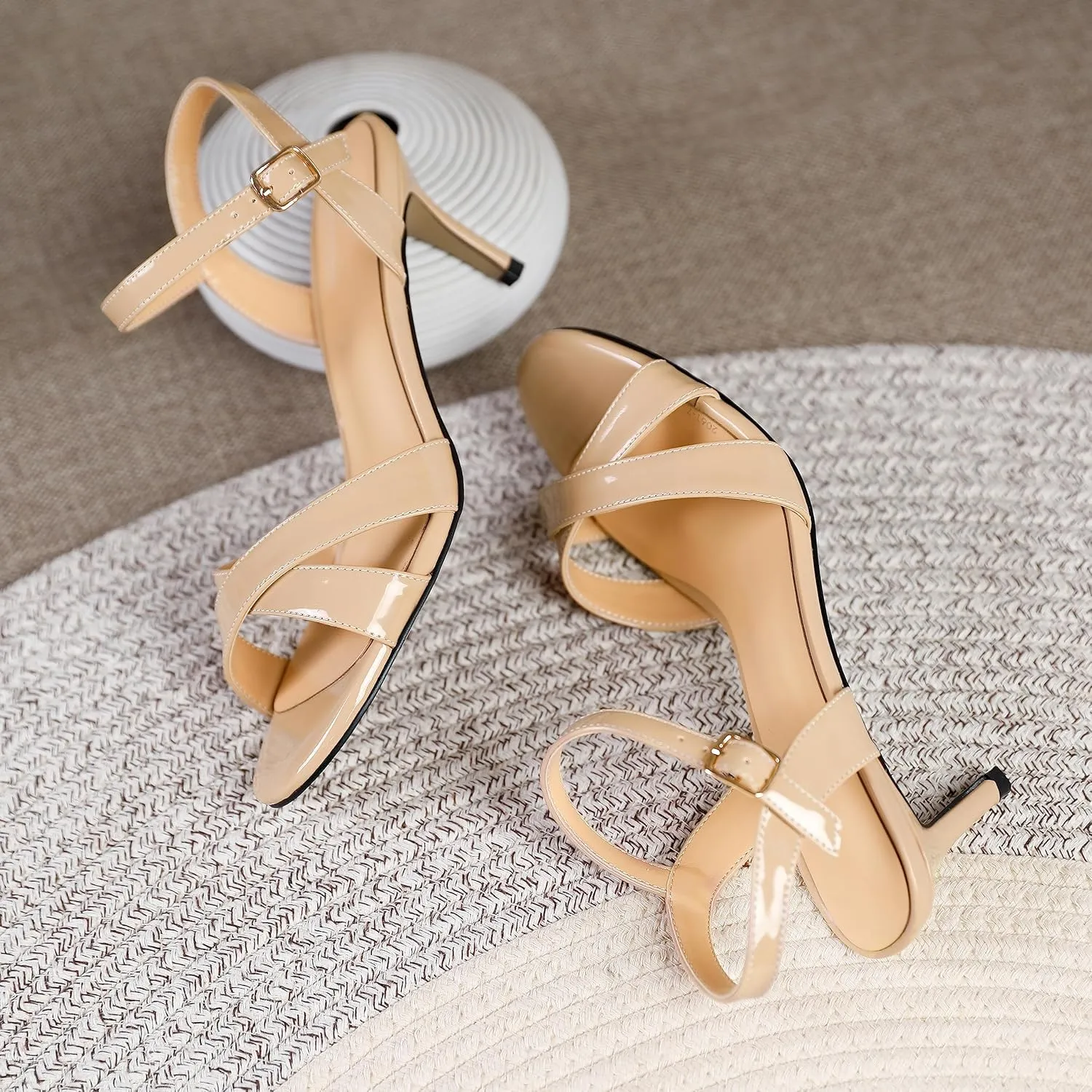 Joseywade Women's Heeled Sandals Strappy Low Kitten Heels Crisscross Open Round Toe Heels 2.5'' Adjustable Ankle Strap Shoes
