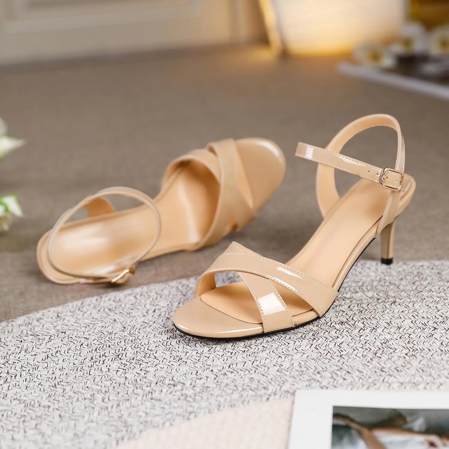 Joseywade Women's Heeled Sandals Strappy Low Kitten Heels Crisscross Open Round Toe Heels 2.5'' Adjustable Ankle Strap Shoes