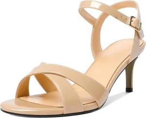 Joseywade Women's Heeled Sandals Strappy Low Kitten Heels Crisscross Open Round Toe Heels 2.5'' Adjustable Ankle Strap Shoes