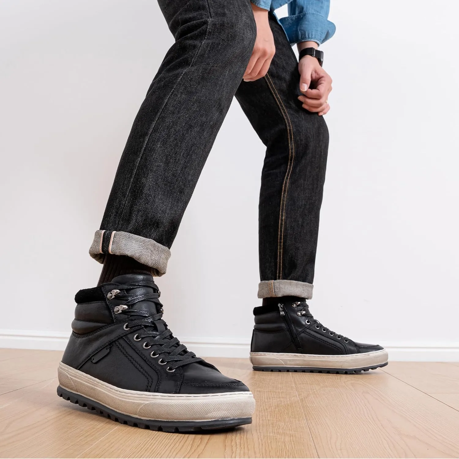 Jousen Mens Casual Shoes Leather High Top Fashion Sneakers for Men