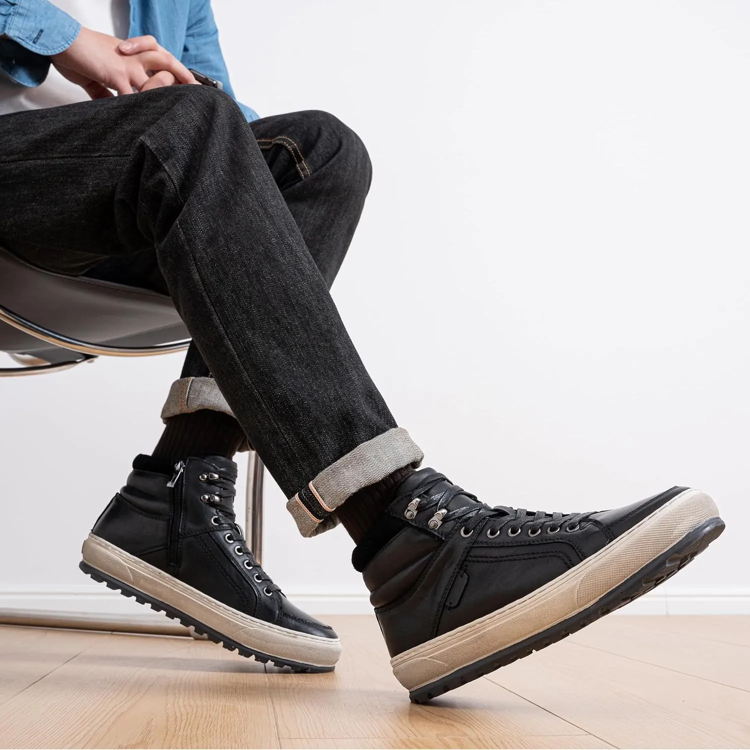 Jousen Mens Casual Shoes Leather High Top Fashion Sneakers for Men