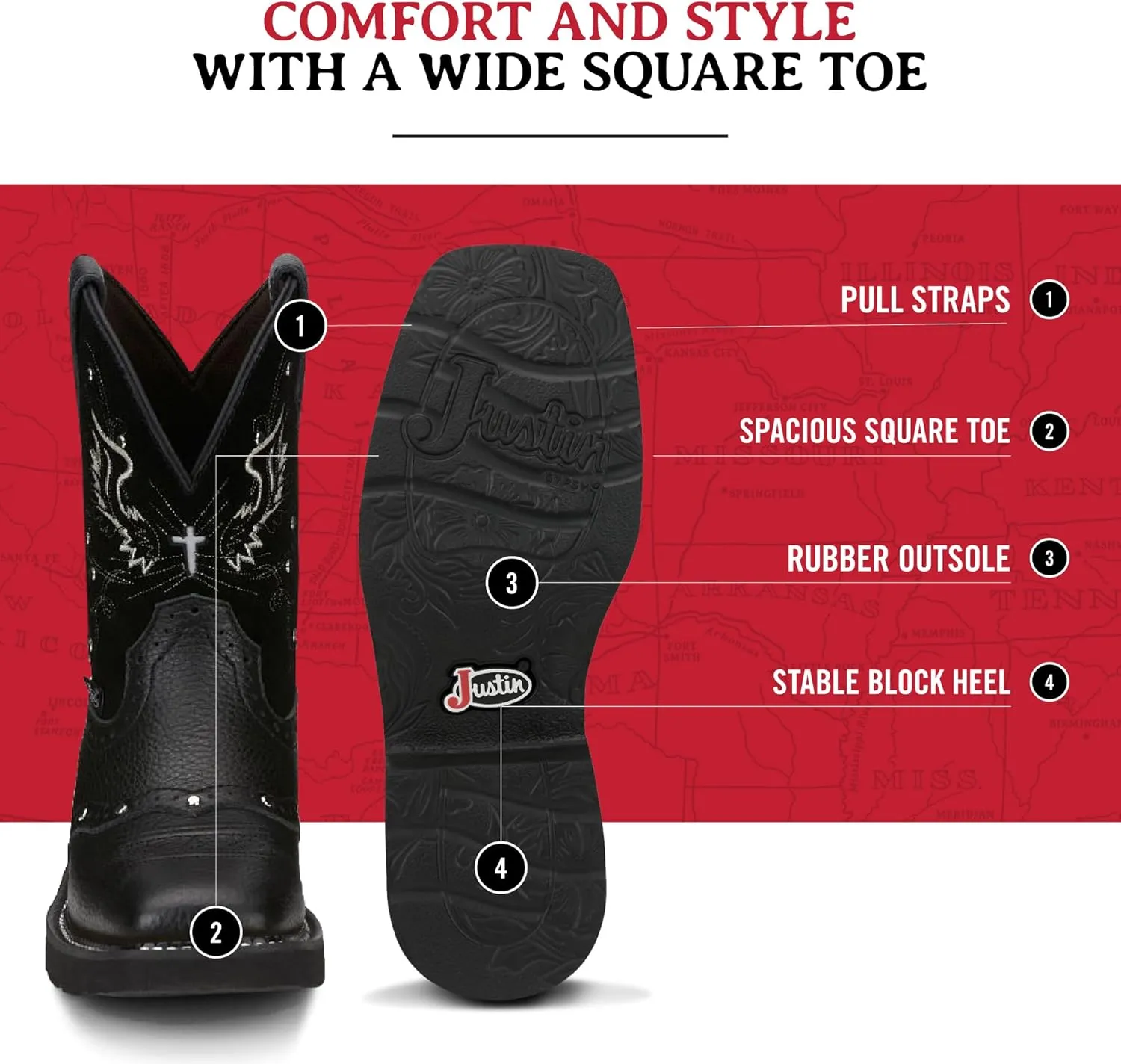 Justin Mandra 8” Western Boots for Women - Durable Cowhide Leather Square Toe Cowgirl Boots with Vivid Stitching, J-Flex Comfort & Non-Slip Outsoles