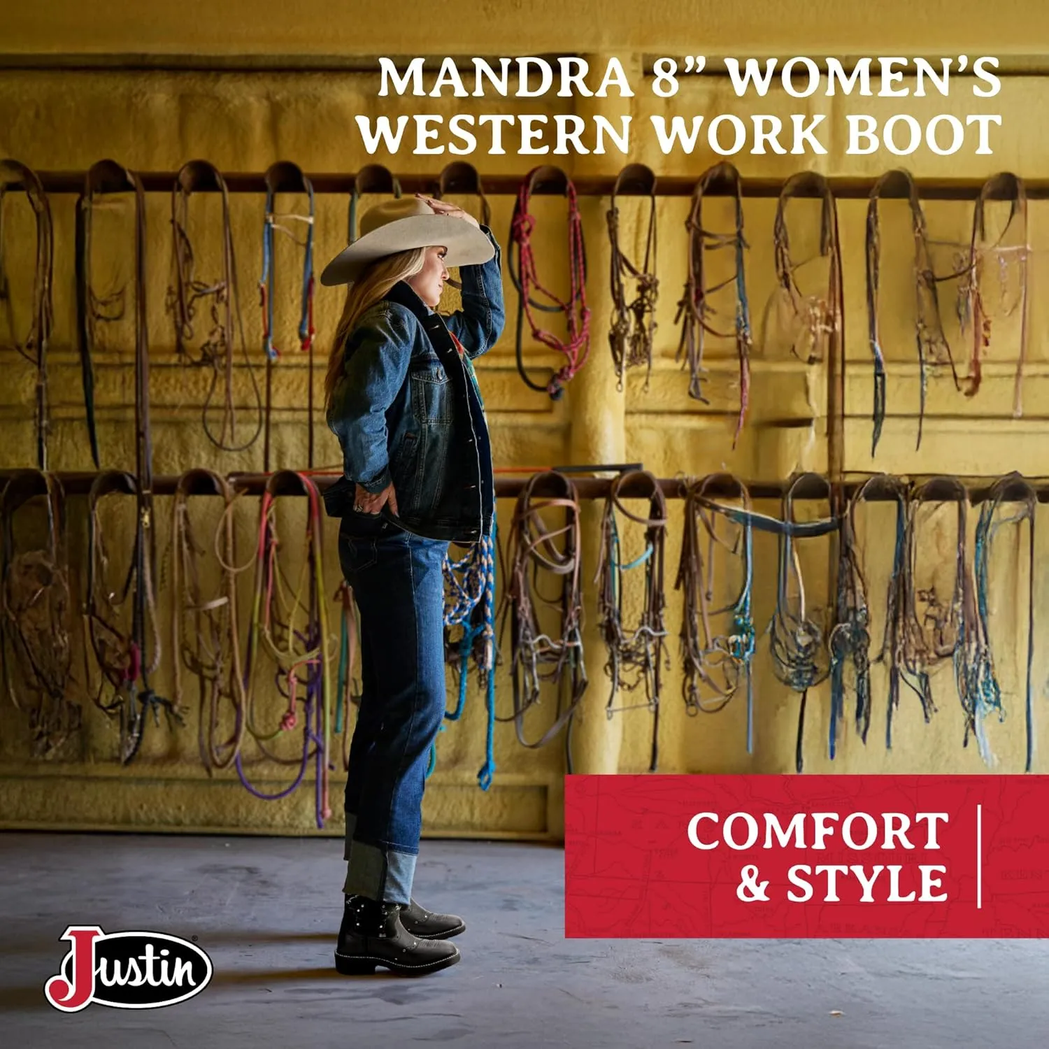 Justin Mandra 8” Western Boots for Women - Durable Cowhide Leather Square Toe Cowgirl Boots with Vivid Stitching, J-Flex Comfort & Non-Slip Outsoles