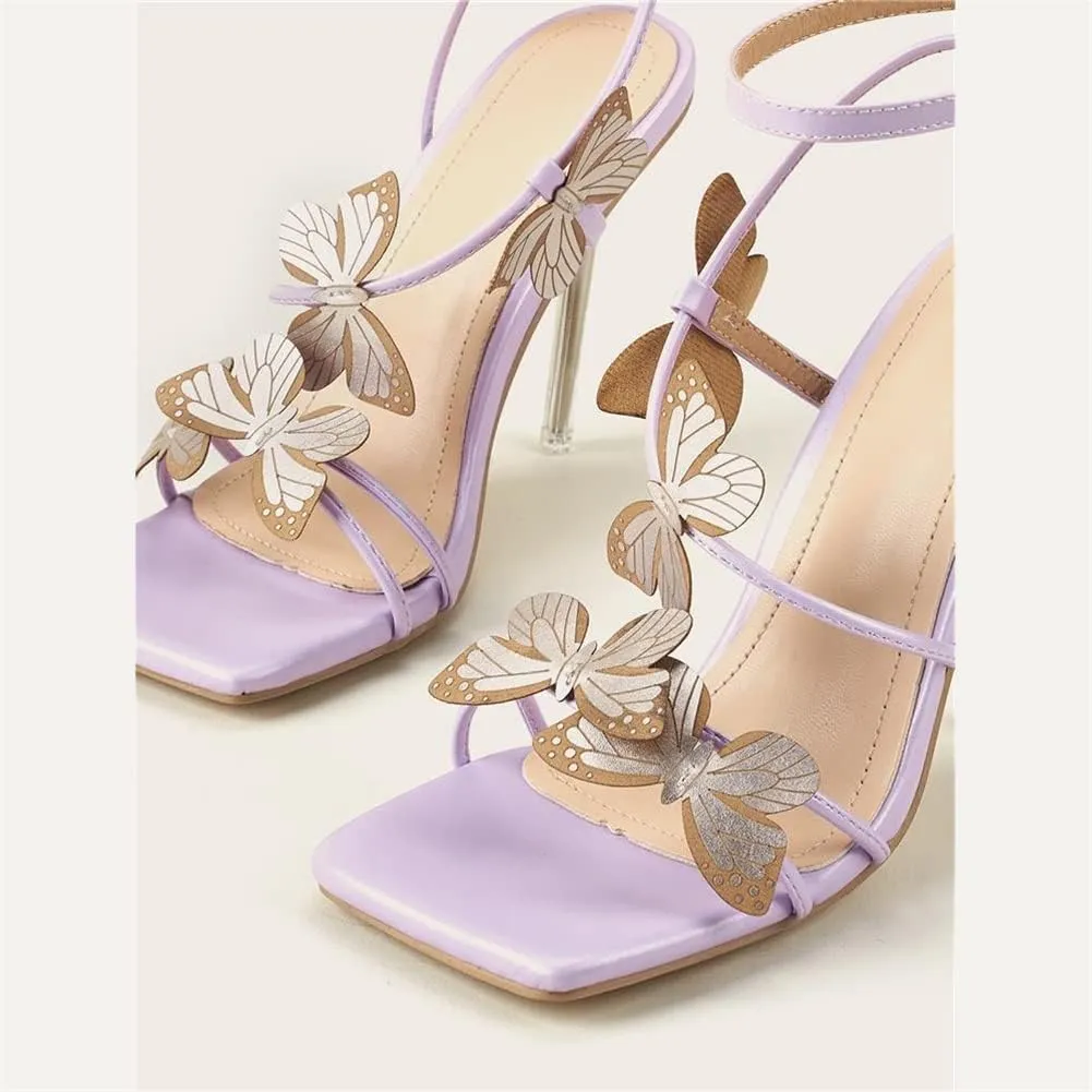 keleimusi Womens Butterfly Heeled Sandals Strappy Clear High Heels