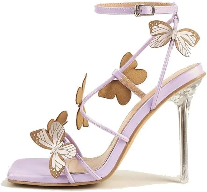 keleimusi Womens Butterfly Heeled Sandals Strappy Clear High Heels