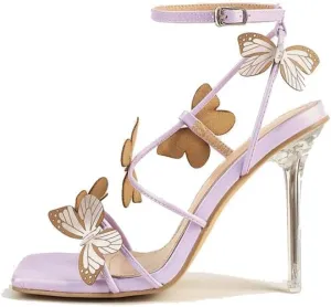 keleimusi Womens Butterfly Heeled Sandals Strappy Clear High Heels