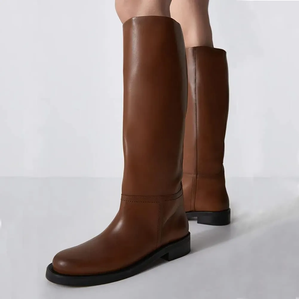 keleimusi Women's Knee High Leather Riding Boots Comfortable Pull On Round Toe Low Block Heeled Shoes for Ladies