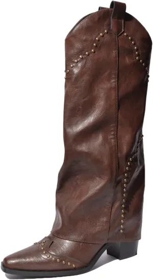 keleimusi Womens Western Fold Over Knee High Boots Square Toe Studs Chunky Block Heeled Boot